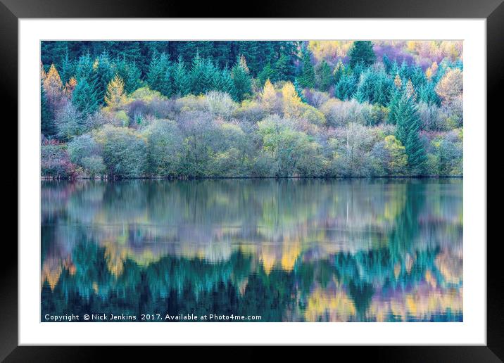 Tree reflections Llwyn Onn Reservoir Brecon Beacon Framed Mounted Print by Nick Jenkins