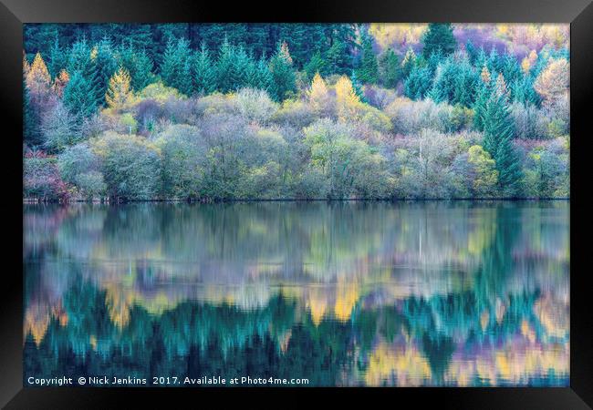 Tree reflections Llwyn Onn Reservoir Brecon Beacon Framed Print by Nick Jenkins