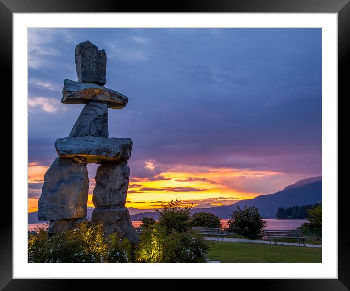 Inukshuk at sunset from English Bay Vancouver  Framed Mounted Print by David Belcher
