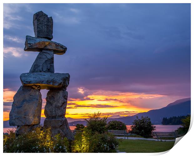 Inukshuk at sunset from English Bay Vancouver  Print by David Belcher