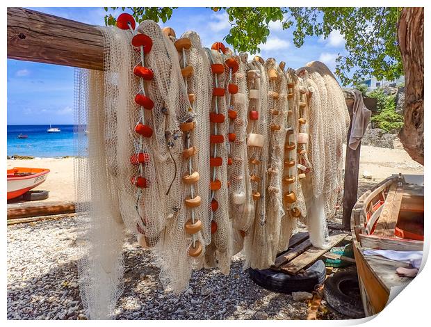   Fishing nets drying Views around Curacao Print by Gail Johnson