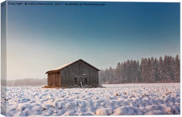 Morning Mist And An Old Barn House Canvas Print by Jukka Heinovirta