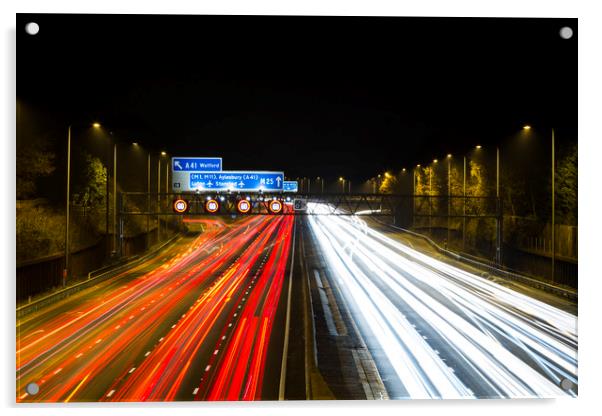 M25 at night Acrylic by Darren Willmin