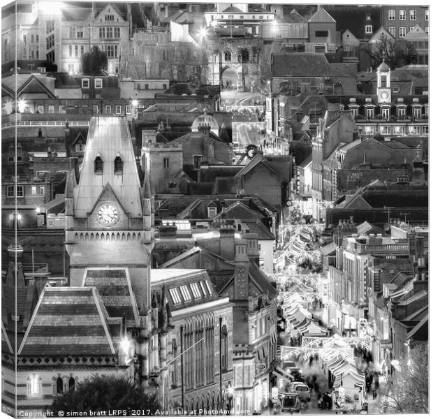 Winchester city in Hampshire night view at Christm Canvas Print by Simon Bratt LRPS