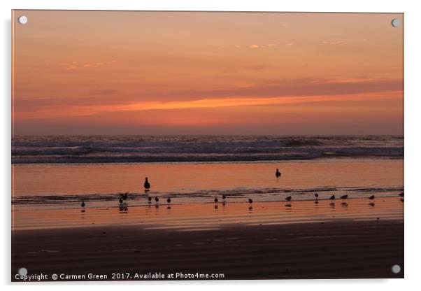 Sunset and waders at Pismo Beach California Acrylic by Carmen Green