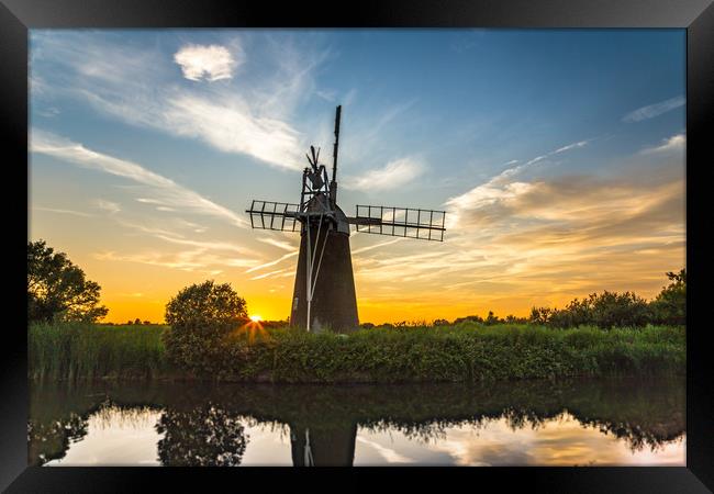 Norfolk Broads Windmill Sunset Framed Print by Steve Lansdell