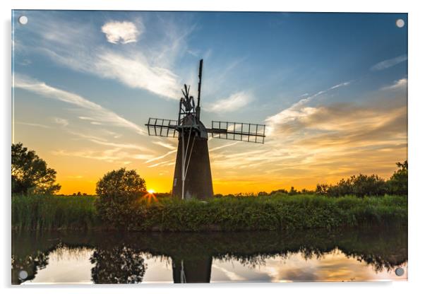 Norfolk Broads Windmill Sunset Acrylic by Steve Lansdell