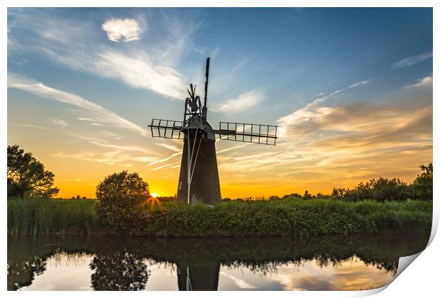 Norfolk Broads Windmill Sunset Print by Steve Lansdell