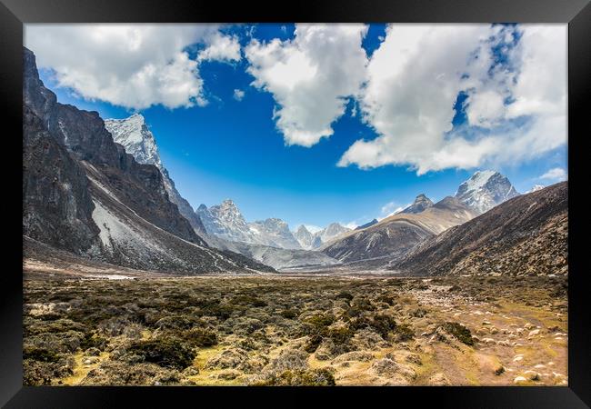 Valley in mountains of Sagarmatha National Park in Framed Print by Sergey Fedoskin
