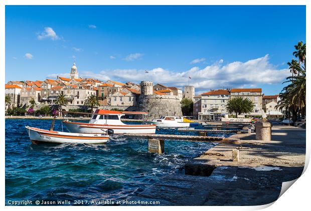 Boats bob on the choppy waters by Korcula old town Print by Jason Wells