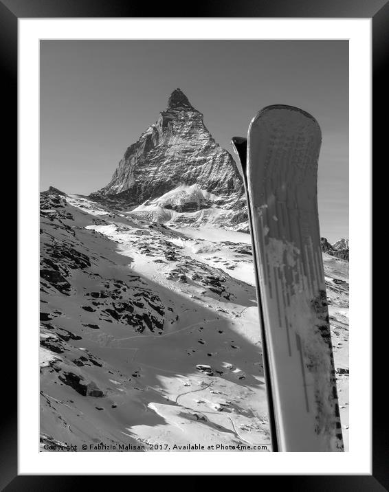 Ski Matterhorn Zermatt mountain peak in black and  Framed Mounted Print by Fabrizio Malisan