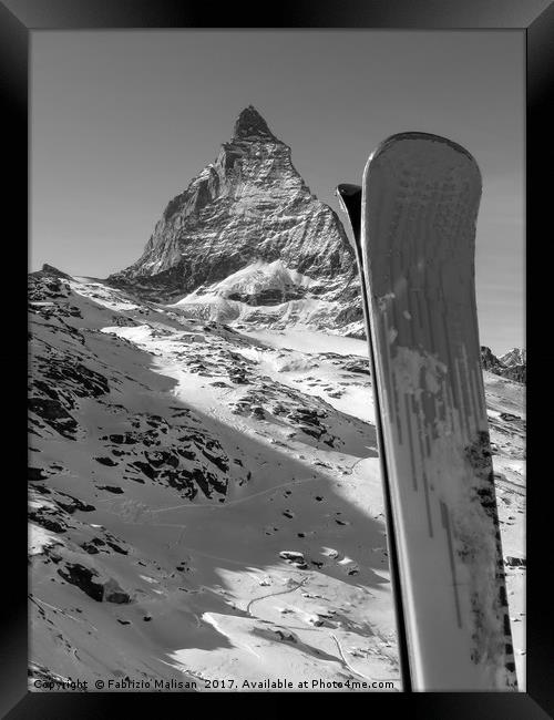 Ski Matterhorn Zermatt mountain peak in black and  Framed Print by Fabrizio Malisan
