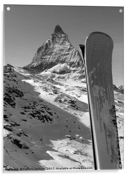 Ski Matterhorn Zermatt mountain peak in black and  Acrylic by Fabrizio Malisan
