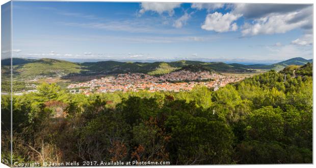 Panorama of Blato surrounded by hills and forests Canvas Print by Jason Wells