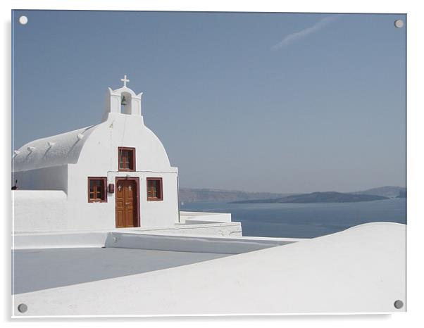 Santorini Island - church and backdrop of island/s Acrylic by Ian Small