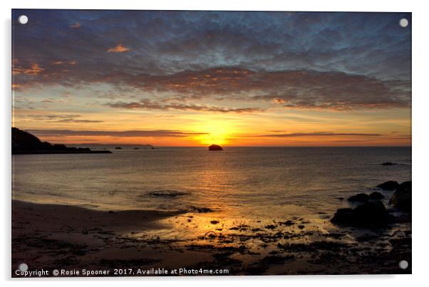 Sunrise over Black Rock at Millendreath Beach Looe Acrylic by Rosie Spooner