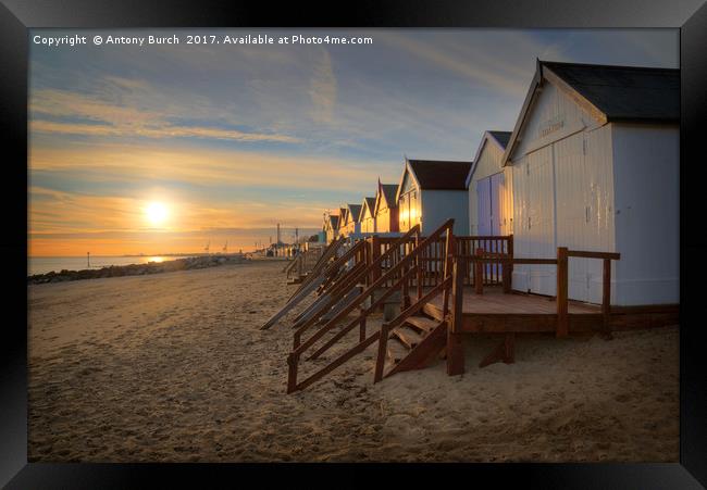 Old Felixtowe beach hut Sunset Framed Print by Antony Burch