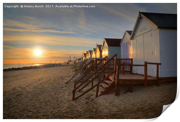 Old Felixtowe beach hut Sunset Print by Antony Burch
