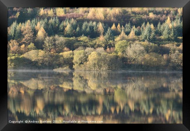 Llwyn-onn reservoir, South Wales, UK, during morni Framed Print by Andrew Bartlett