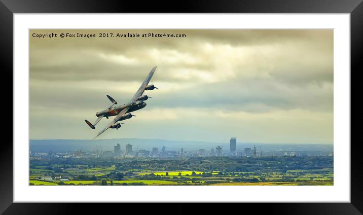 Lancaster bomber over manchester Framed Mounted Print by Derrick Fox Lomax