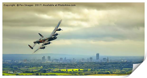 Lancaster bomber over manchester Print by Derrick Fox Lomax