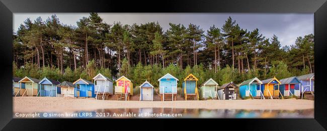 Beach hut row on the Norfolk coast Framed Print by Simon Bratt LRPS