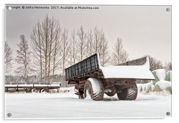 Old Trailers After Snowfall Acrylic by Jukka Heinovirta