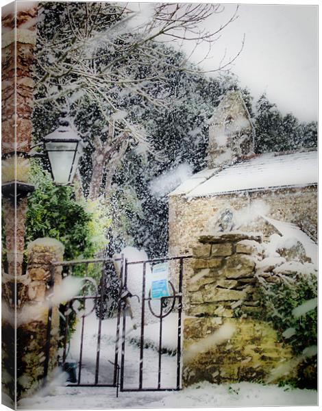 Village Church in Snowstorm Canvas Print by Nicola Clark