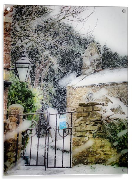 Village Church in Snowstorm Acrylic by Nicola Clark