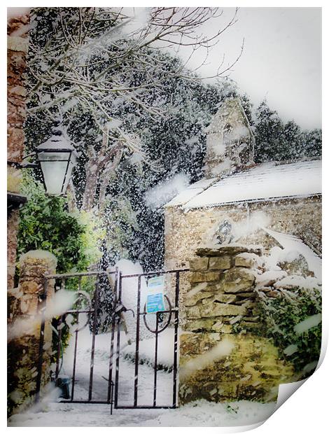 Village Church in Snowstorm Print by Nicola Clark
