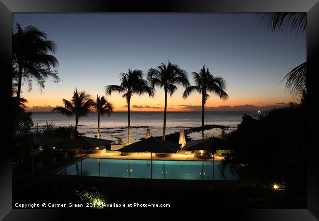 Mauritian sunset by the pool lined with palm trees Framed Print by Carmen Green