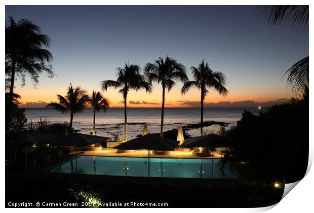 Mauritian sunset by the pool lined with palm trees Print by Carmen Green