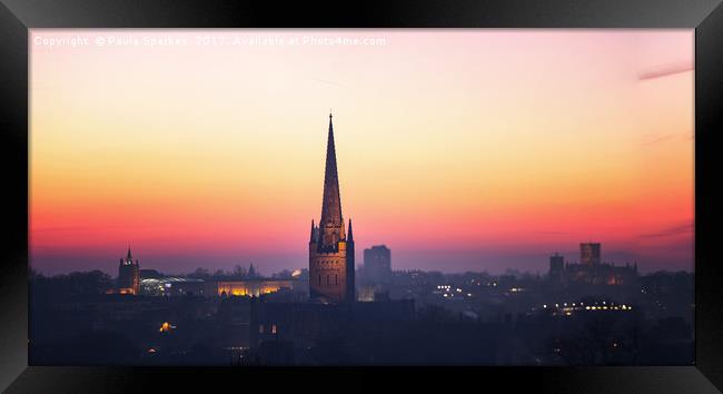 Norwich City Sunset Framed Print by Paula Sparkes