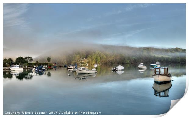 Misty Morning on the River Looe in Cornwall Print by Rosie Spooner