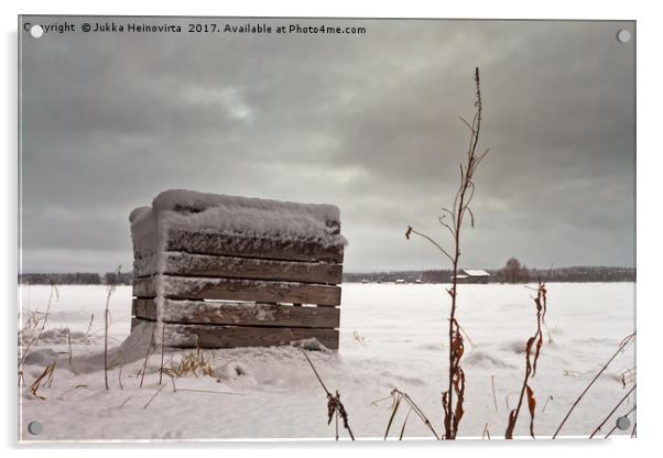 Snow Covered Wooden Crate On The Fields Acrylic by Jukka Heinovirta