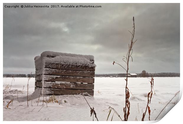 Snow Covered Wooden Crate On The Fields Print by Jukka Heinovirta