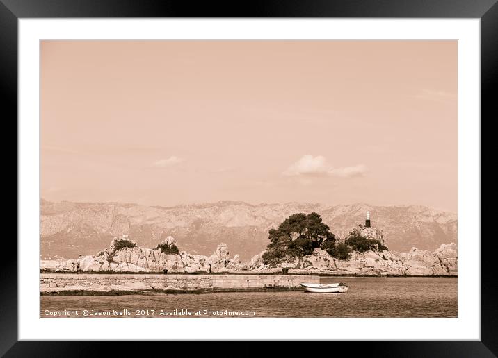 Entrance to Trpanj harbour in sepia Framed Mounted Print by Jason Wells