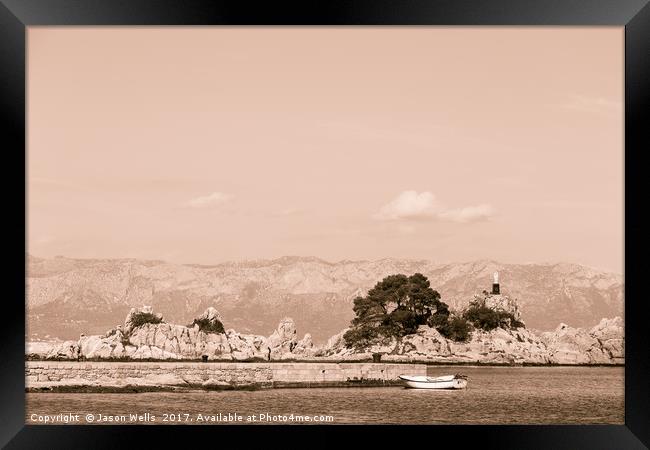 Entrance to Trpanj harbour in sepia Framed Print by Jason Wells