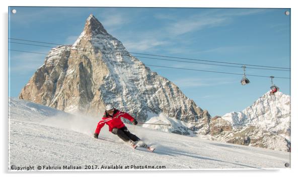 Skiing by the Matterhorn Mountain in Zermatt Acrylic by Fabrizio Malisan