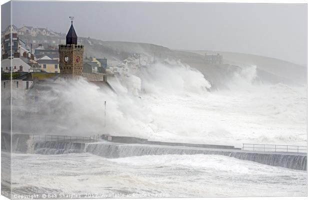 Porthleven battered by winter storm Canvas Print by Bob Sharples