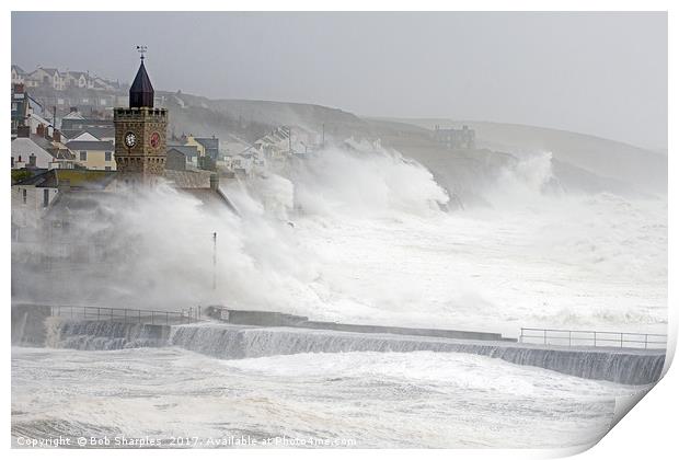 Porthleven battered by winter storm Print by Bob Sharples