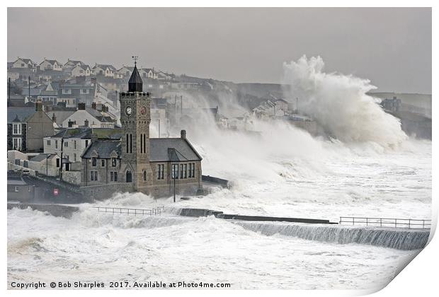 Porthleven battered by winter storm Print by Bob Sharples