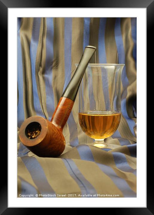 wooden pipe and glass of malt whiskey Framed Mounted Print by PhotoStock Israel