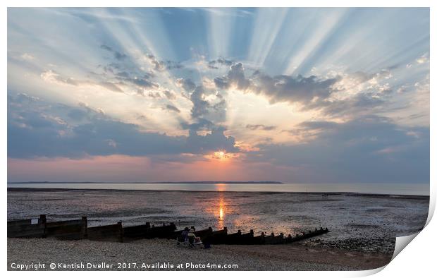 Crepuscular Rays over Whitstable Beach Print by Kentish Dweller
