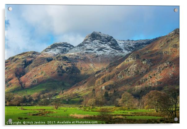 Langdale Pikes in Winter Lake District Cunbria Acrylic by Nick Jenkins