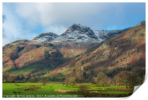 Langdale Pikes in Winter Lake District Cunbria Print by Nick Jenkins