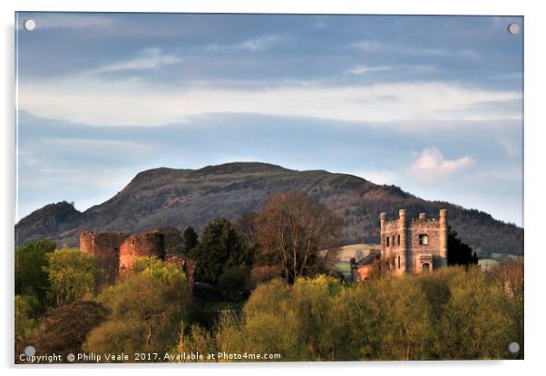 Abergavenny Castle and Skirrid Mountain at Dusk. Acrylic by Philip Veale