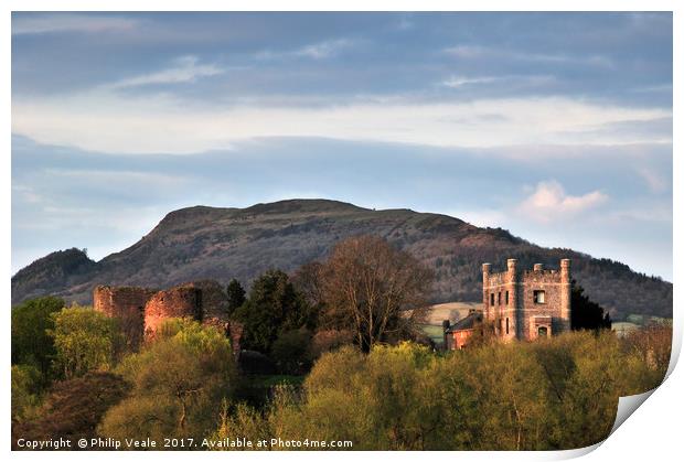 Abergavenny Castle and Skirrid Mountain at Dusk. Print by Philip Veale
