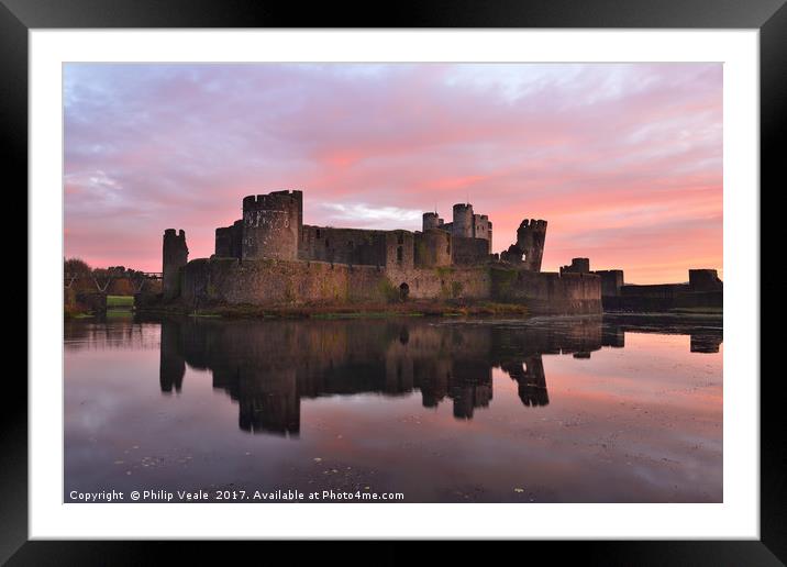 Caerphilly Castle Sunrise Reflection. Framed Mounted Print by Philip Veale