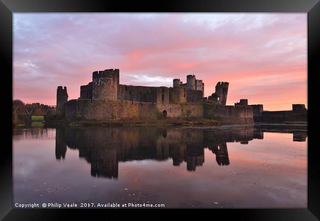 Caerphilly Castle Sunrise Reflection. Framed Print by Philip Veale